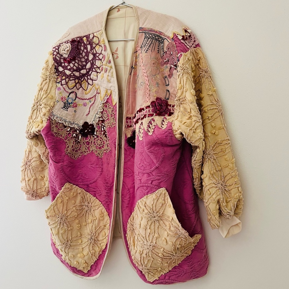 Vintage Patchwork Jacket coat cardigan crochet boho Embroidered oversized - Picture 10 of 11